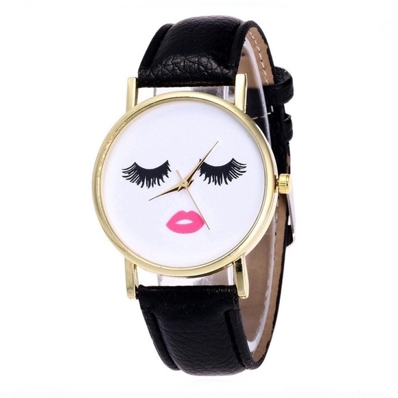 None Accessories - Watch Women’s Eyelash & Lips Fashion Whimsical Watch White Pink Black